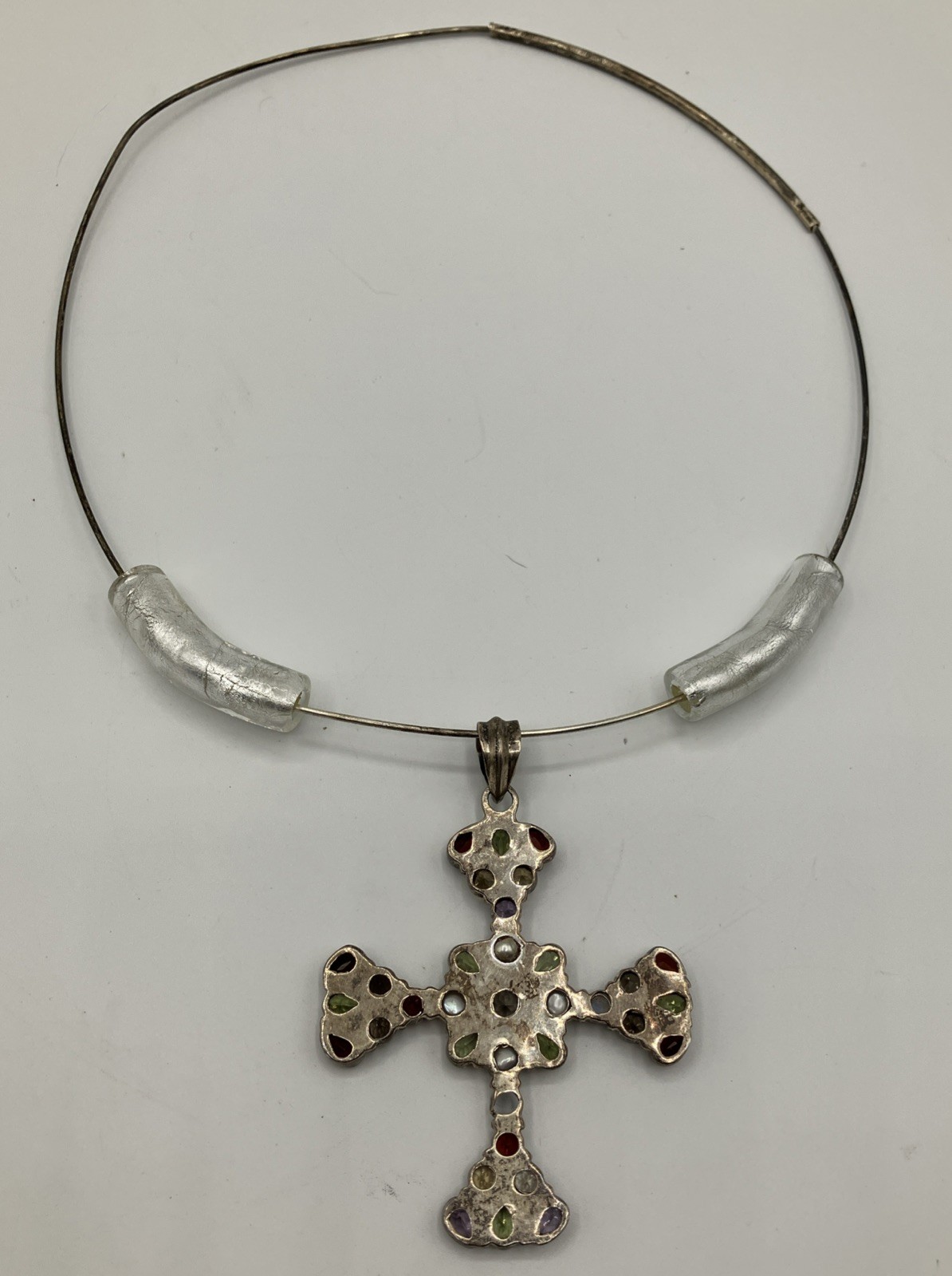 Vintage Sterling Gemstone Maltese Cross On Wire Choker Necklace Byzantine