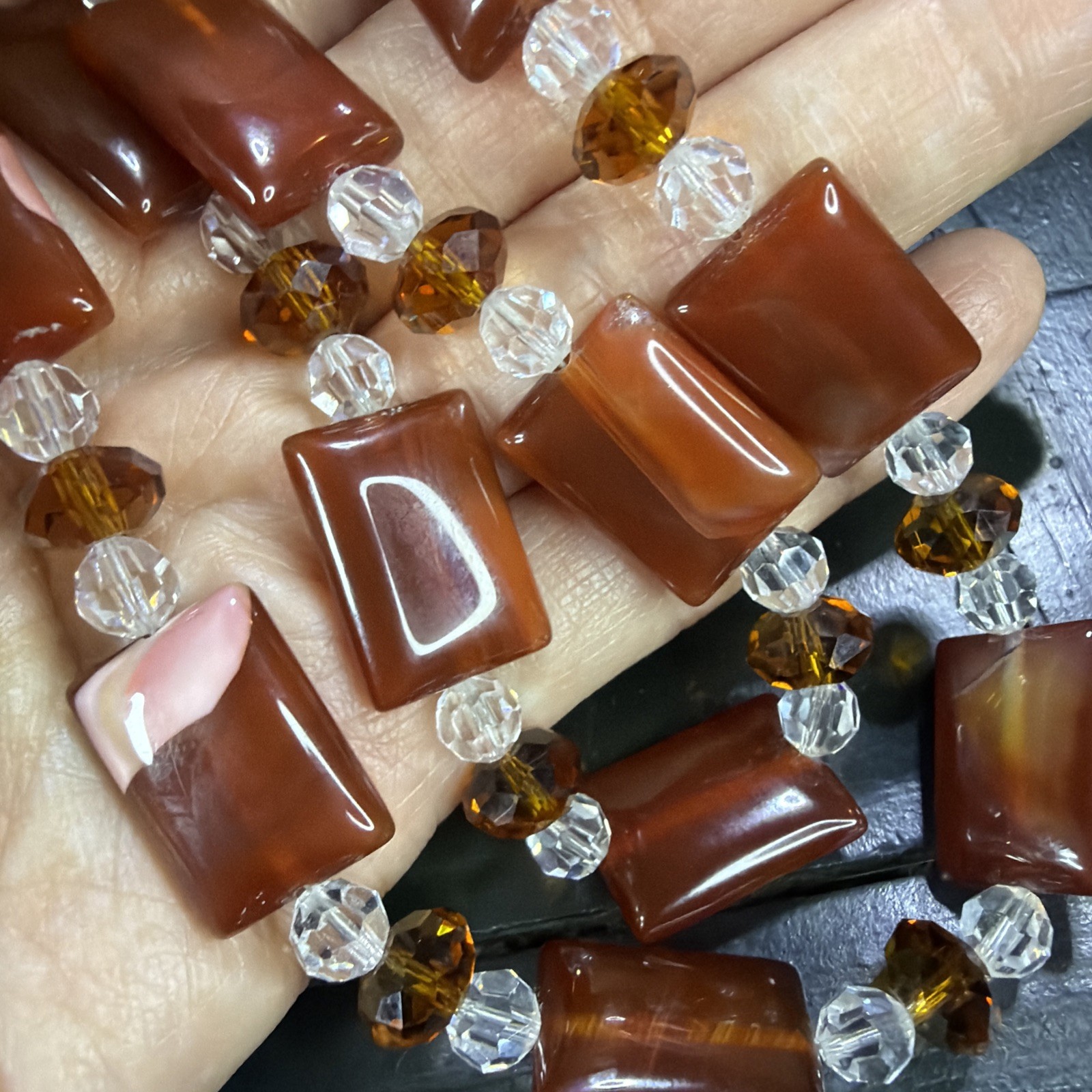 Carnelian Agate Beads w/ Clear, & Amber-Colored Spacers VTG Jewelry Set