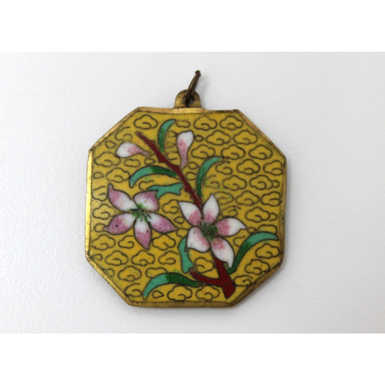 Vintage Cloisonné Enamel Floral Pendant Yellow Octagon Asian Charm