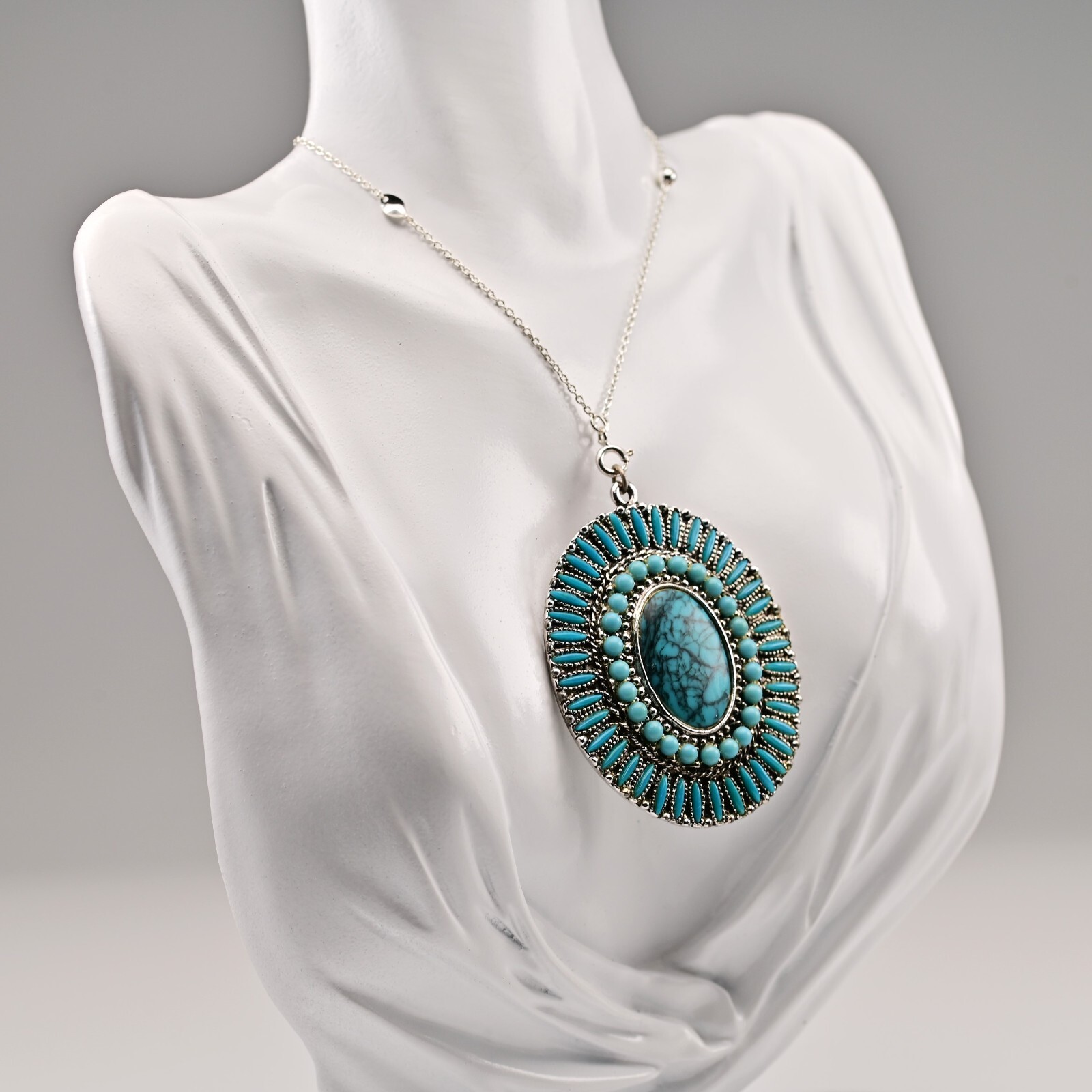 Original Vintage Native Silver Faux Turquoise Gemstone Pendant Estate Necklace