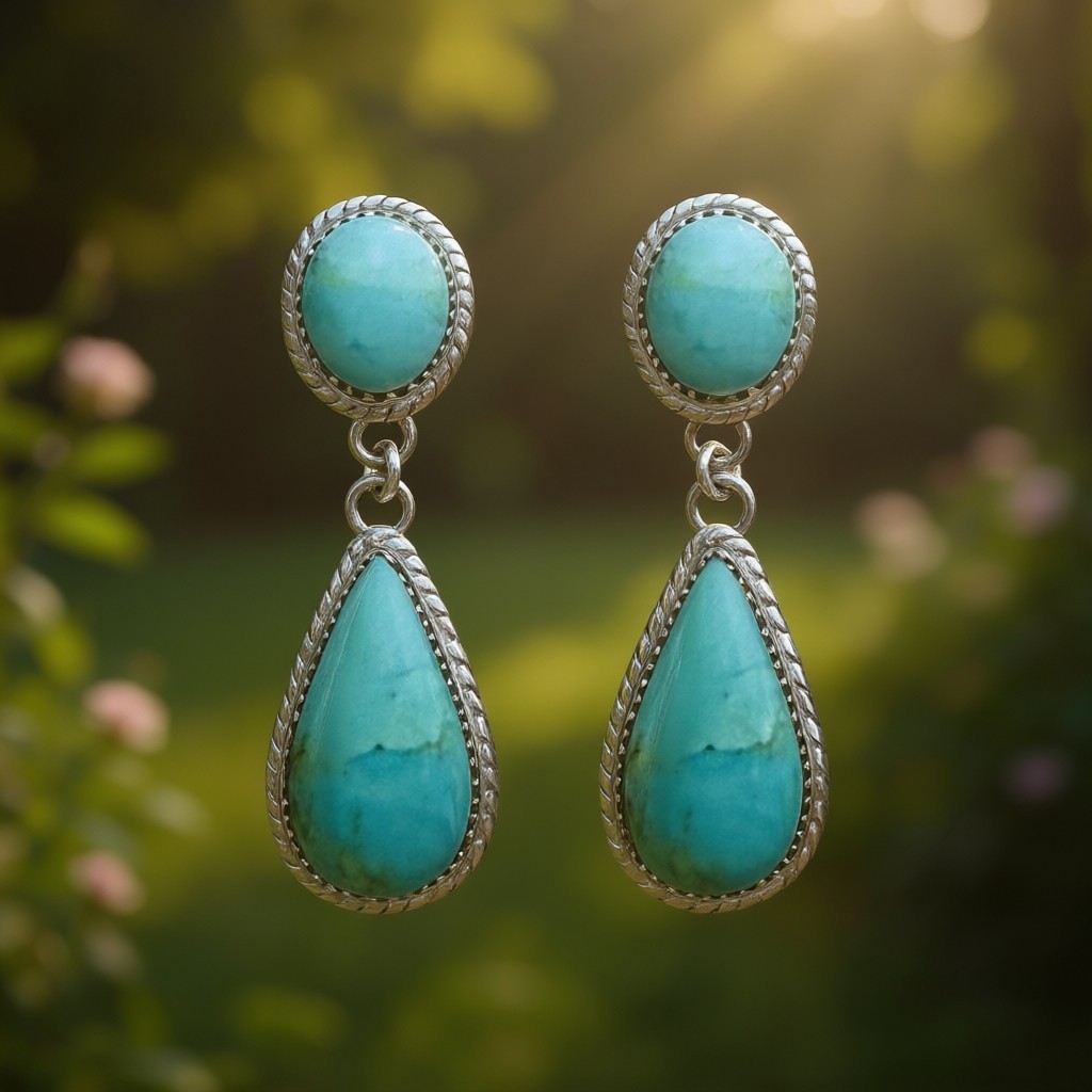 Vintage Tibetan Silver Turquoise Teardrop Dangle Earrings Women Boho Bezel