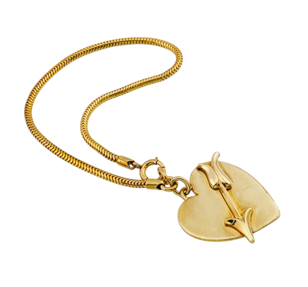 Vintage Forstner 12k Gold Filled Heart Arrow Charm Bracelet 6.75 In Snake Chain