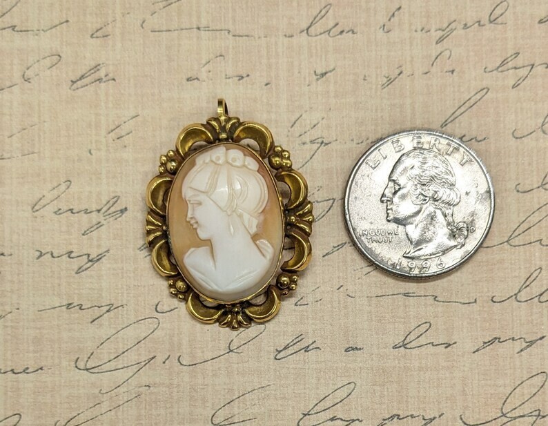 Vtg Carved Shell Cameo Pendant Gold Filled Left Facing Lady Brooch Pendant