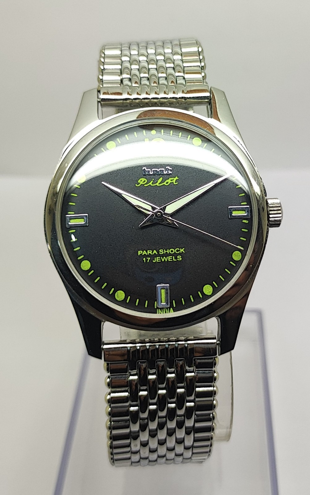 HMT Pilot Mechanical Hand Wound Green Lume Dial 17 Jewels Para Shock Vintage