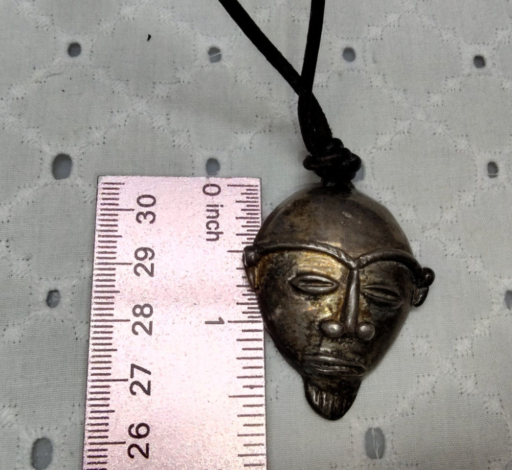Sterling Silver African Mask Tribal Head Pendant On Leather Cord 19.96 gram TR