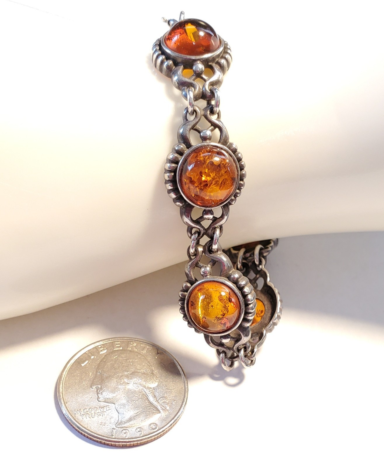 Vintage Baltic Amber Bracelet, Sterling Silver, Signed V-8, By Valerio, Poland