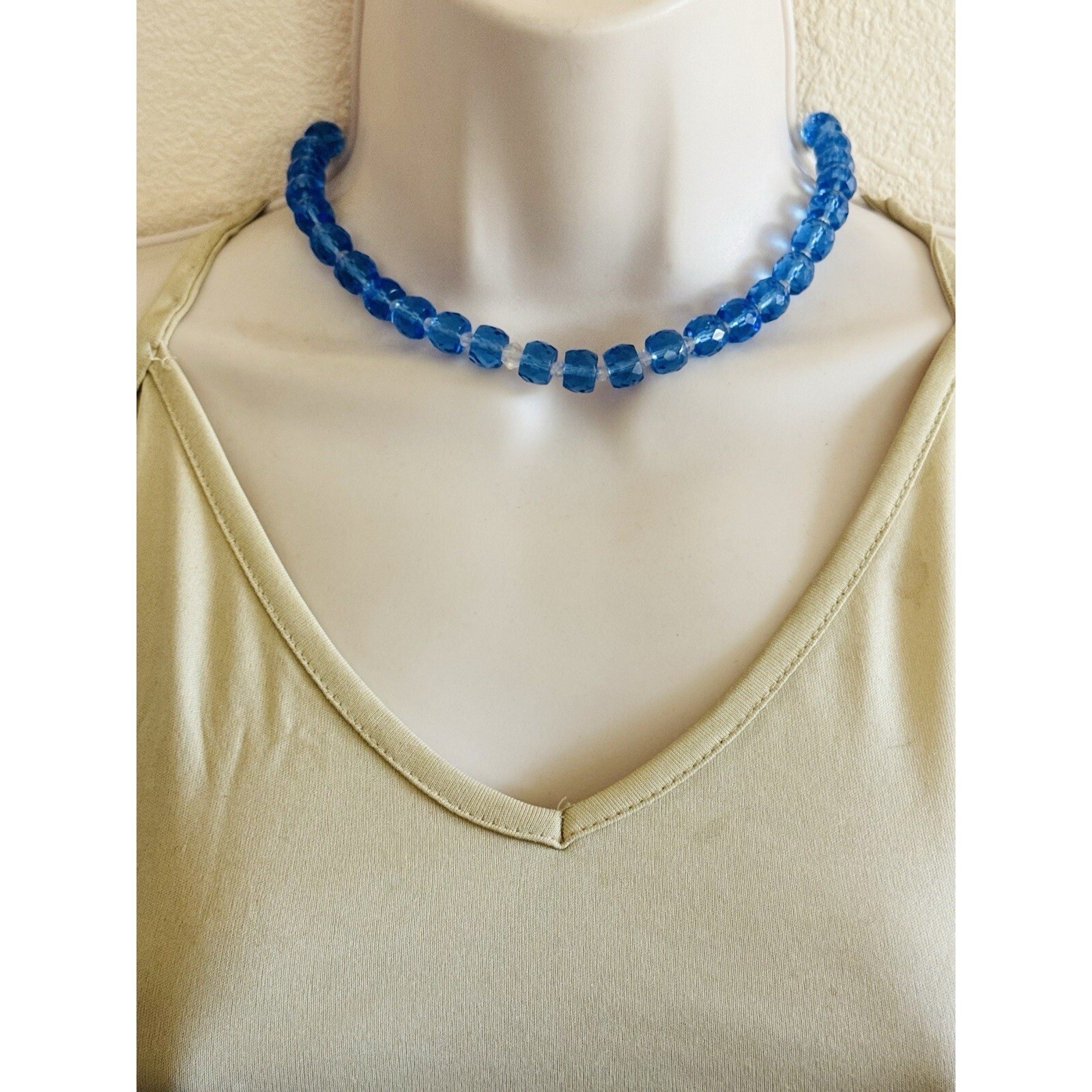 Vtg Czech blue choker Necklace Clear Blue Glass Carved Beaded Art Deco 16″