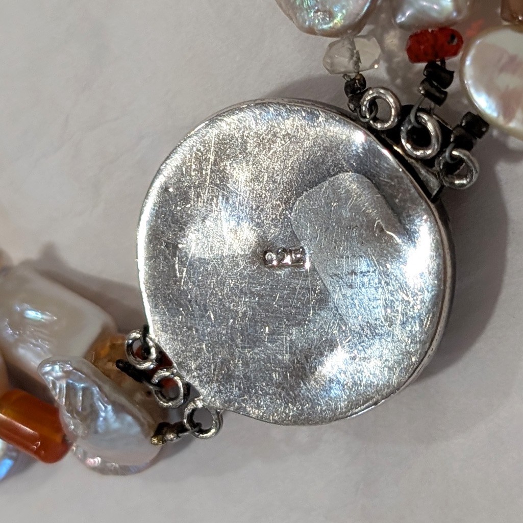 Estate 3 Strand Baroque Pearl Coral Carnelian Necklace w/925 Silver Clasp 20 in.