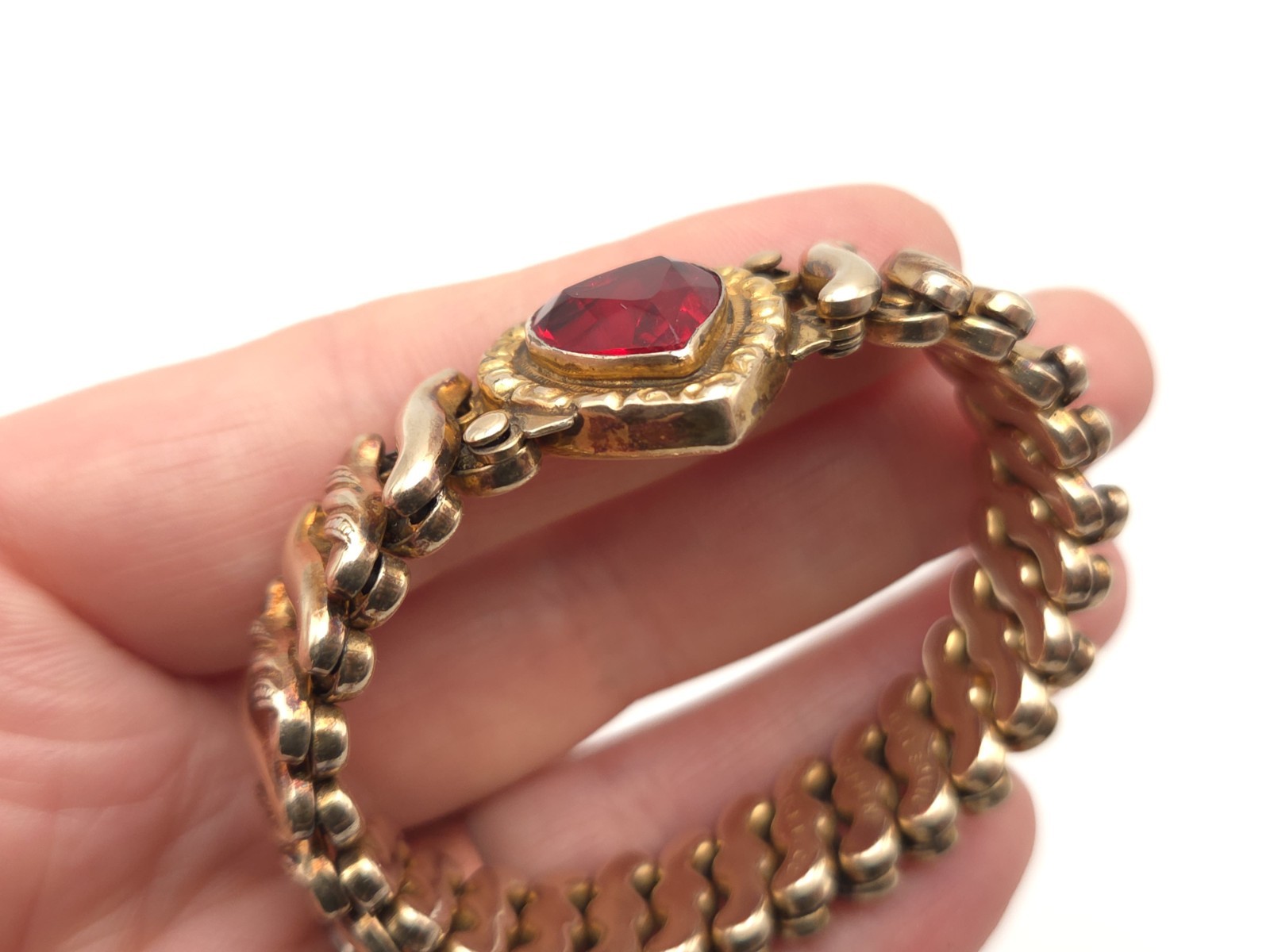 Vintage DFB Carmen Deluxe Gold Filled Sweetheart Red Glass Expansion Bracelet