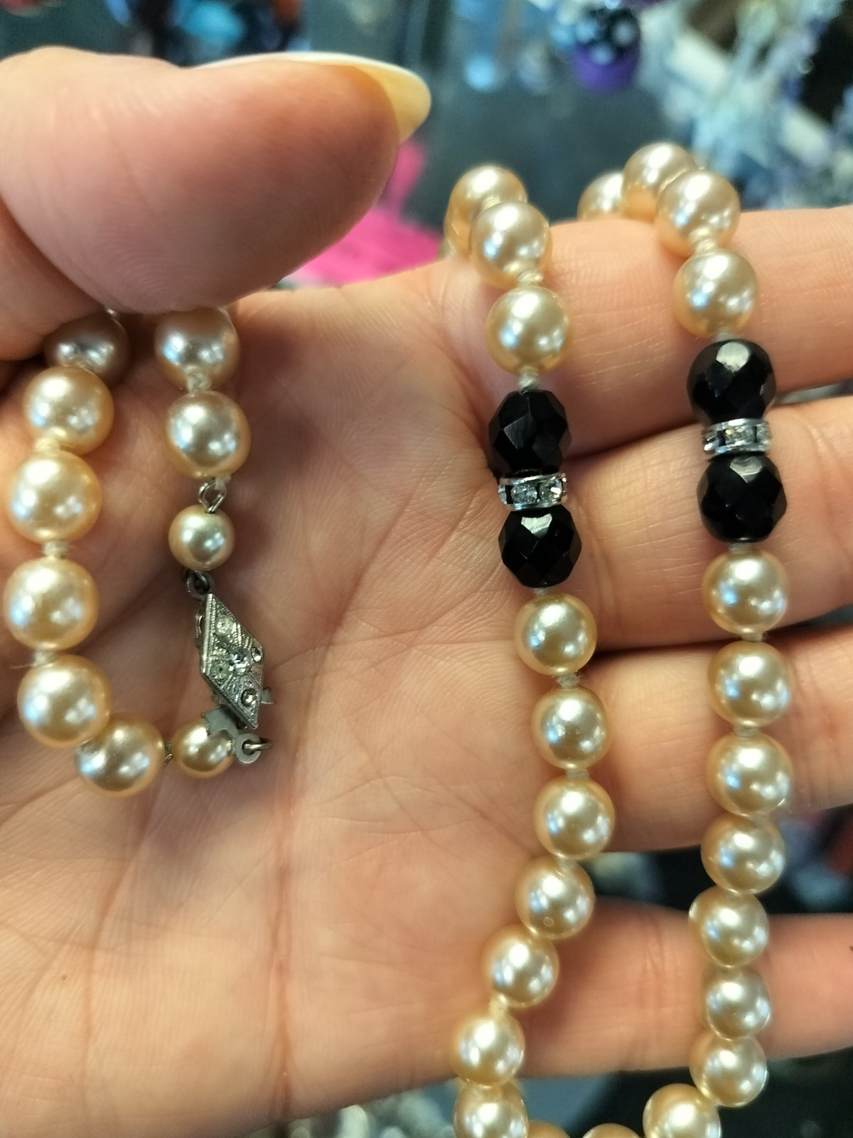 Vtg 90’s Faux Champagne Pearl Black Faceted Spinel Bead Rhinestones Necklace
