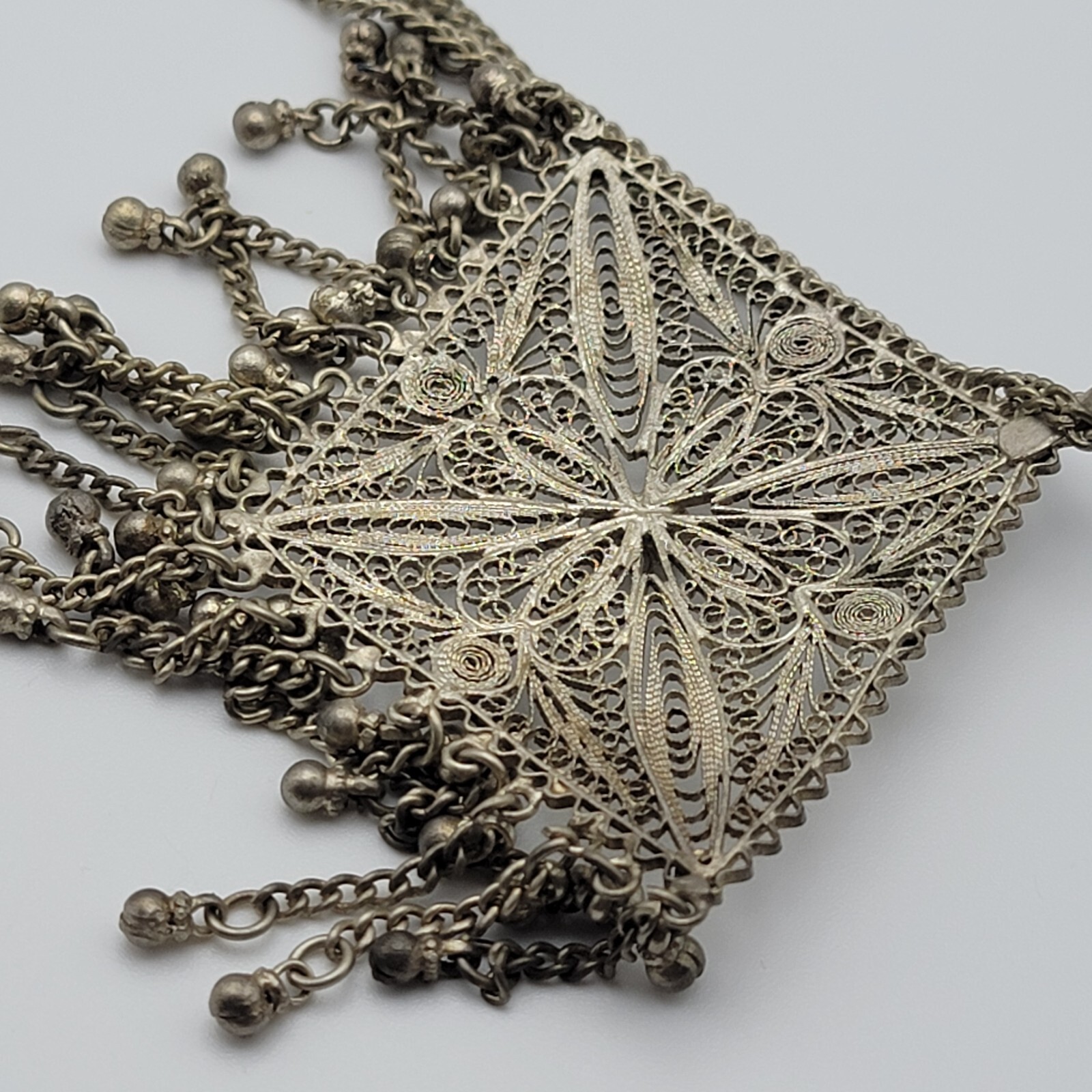 Vtg. Silver Tone Filigree Diamond Shape Tassel Pendant Necklace 25 In Art Deco