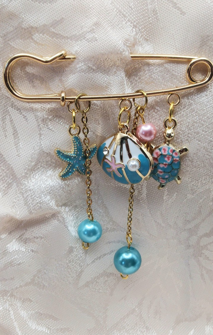 Safety Pin Brooch Aqua Ocean Theme Dangles Gold Mothers Gift Birthday Handmade