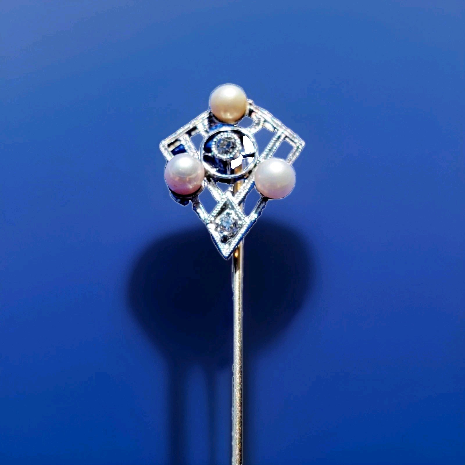Original EARTH MINED DIAMOND Deco Gatsby era Pin Vintage Pearl 14K WHITE GOLD