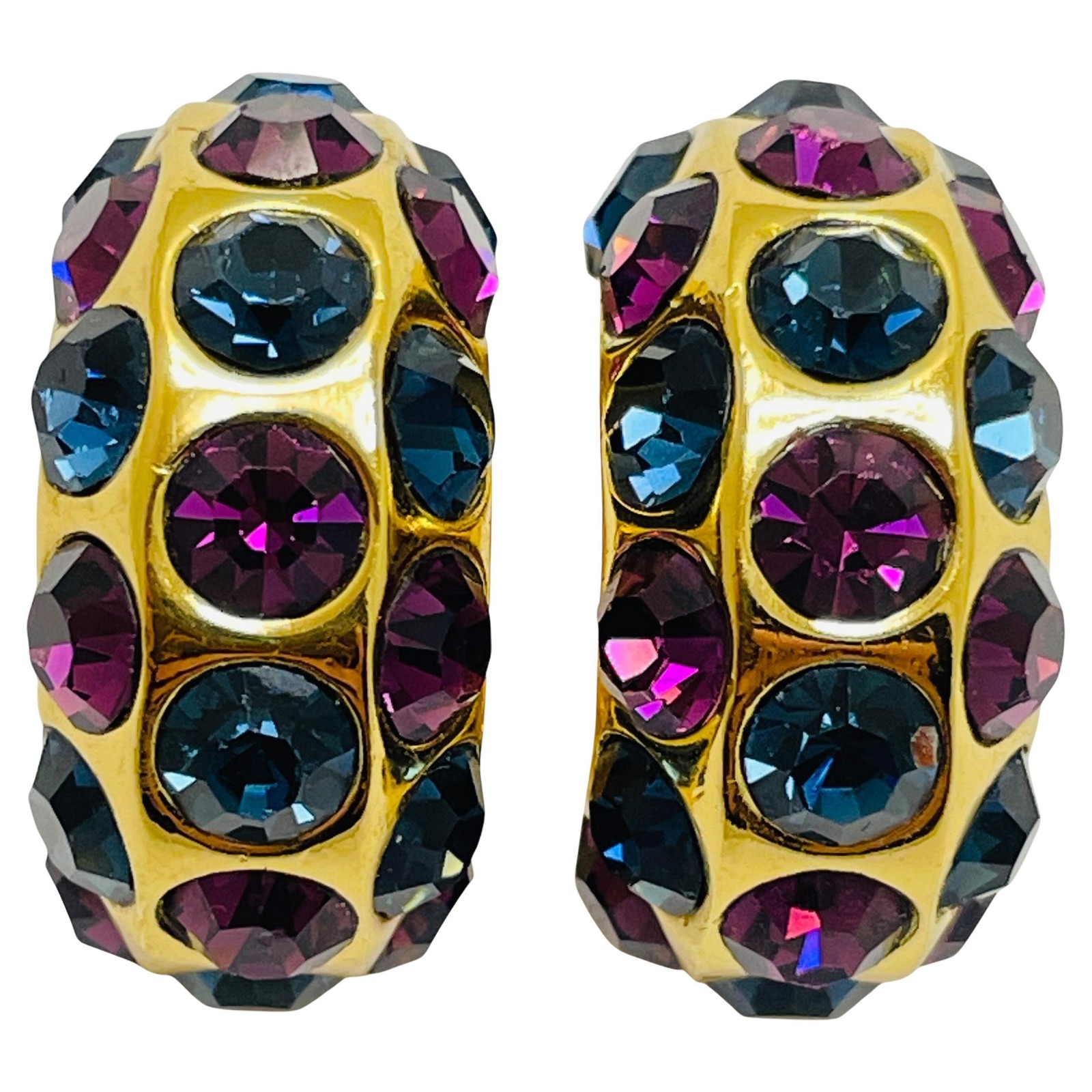 Vintage CHRISTIAN DIOR gold plated amethyst sapphire crystals clip on earrings