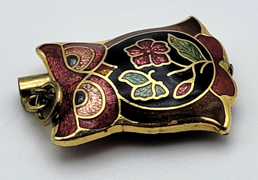Vintage Yellow Gold Plated Multicolor Cloisonne OWL Pendant 1 In Reversible