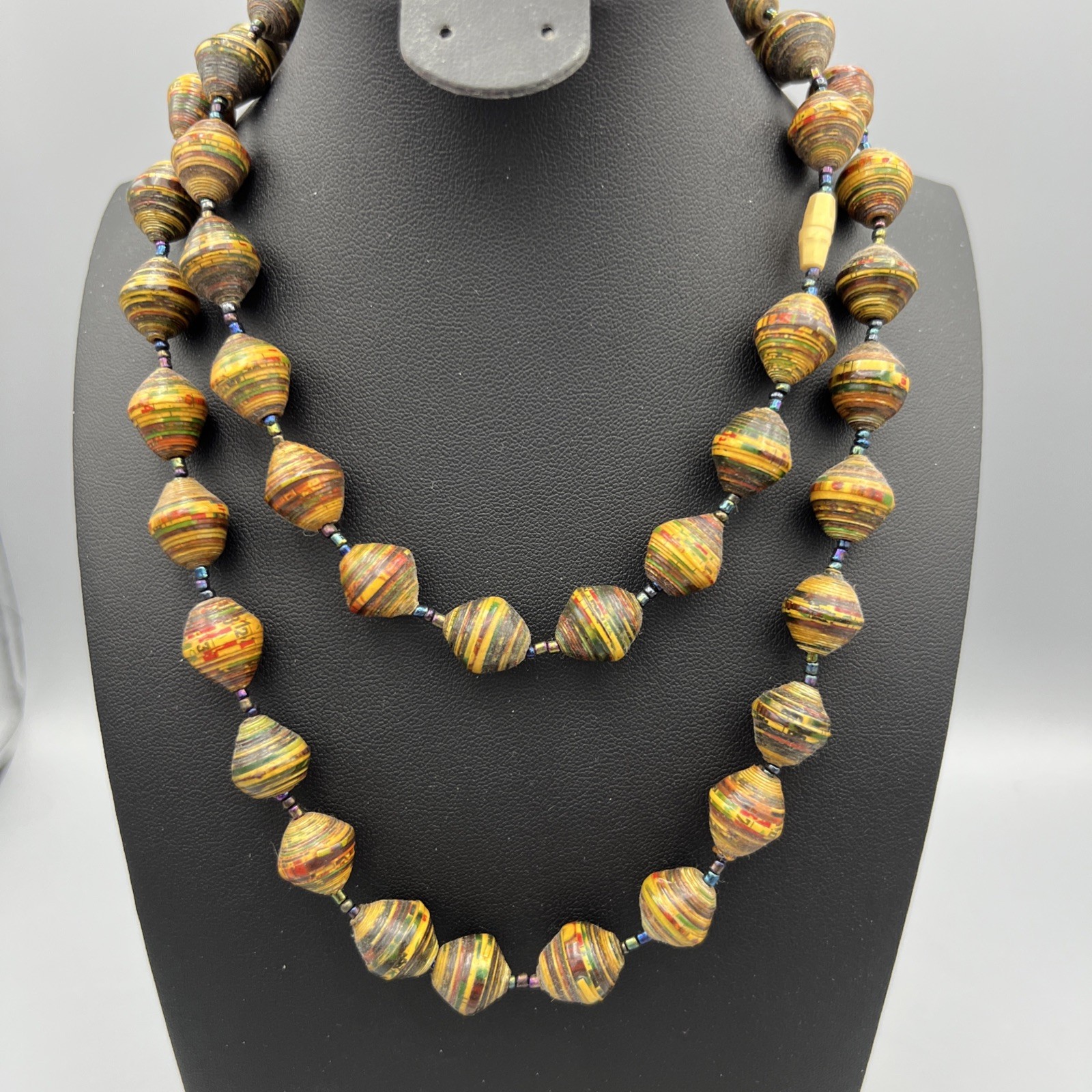 Vintage African Handmade Recycled Paper Bead Necklace Uganda 33”