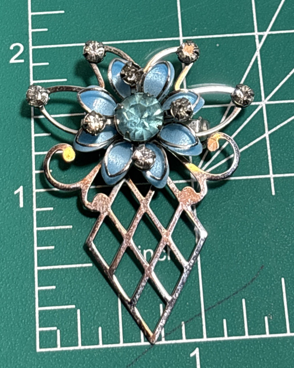 Unsigned Silver Tone Blue Enamel Rhinestone Brooch Or Wear As A Pendant