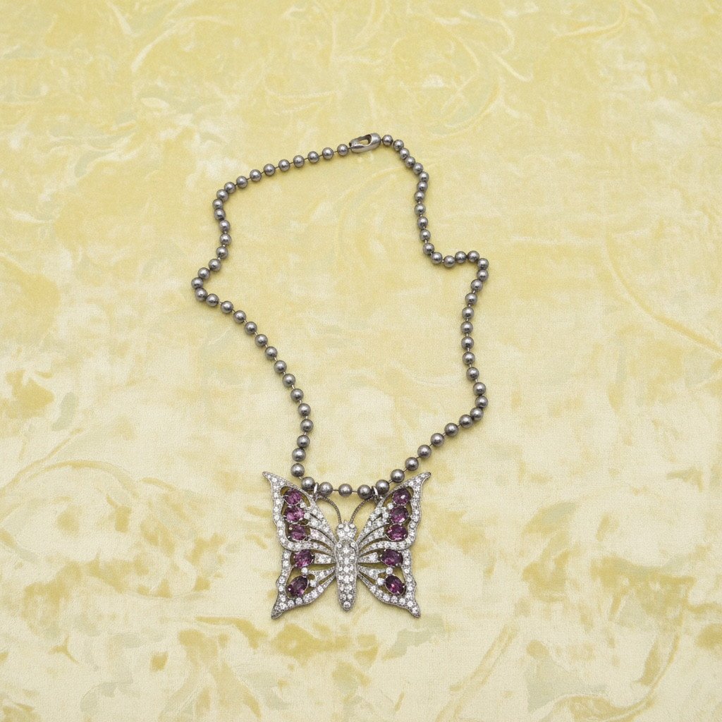 Vintage Art Deco Butterfly Pendant Necklace, Statement Assemblage 28″ Read