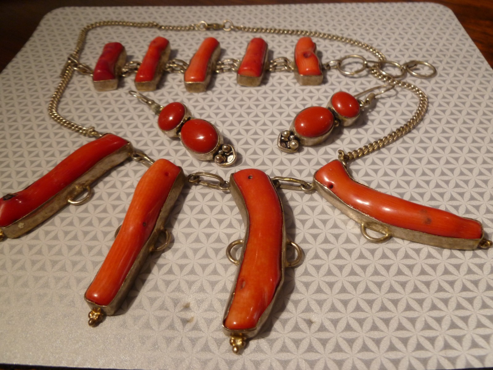 Contemporary Branch Raw Coral Necklace Bracelet Earrings Set On Sterling Silver