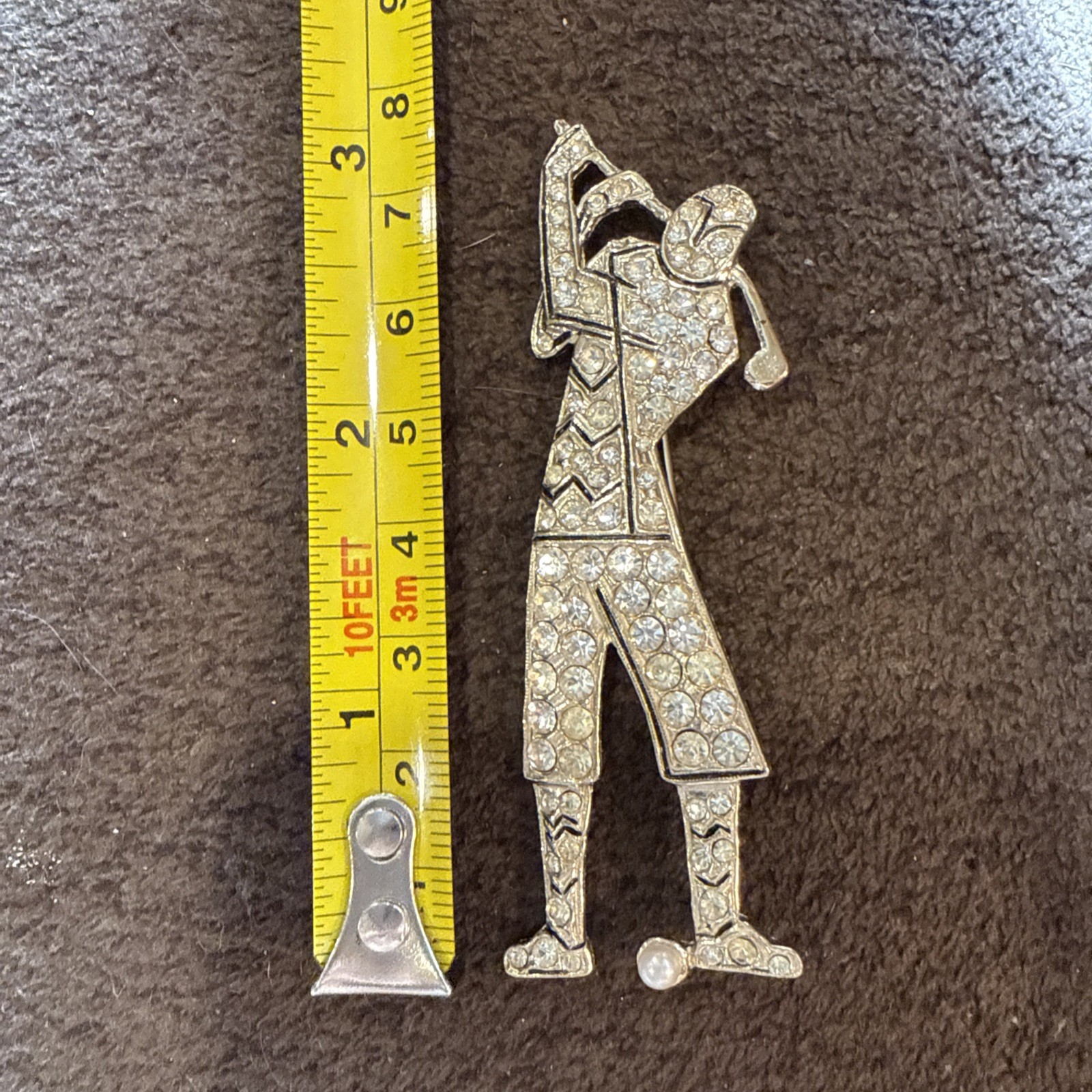Signed polcini Golf player Art Deco brooch. Jewelry alloy, crystals Vintage