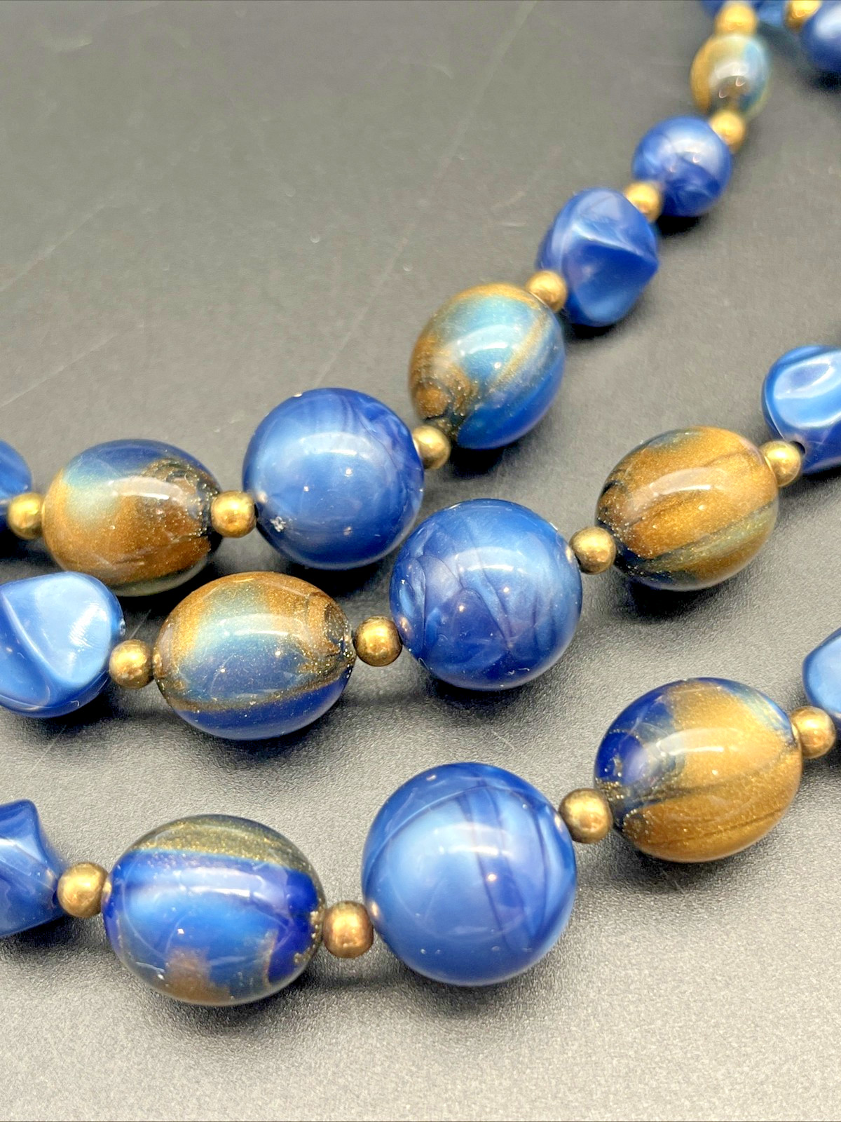 Vintage 3 Strand Cobalt Blue Lucite Bead Choker Bib Necklace (Japan/Hong Kong)