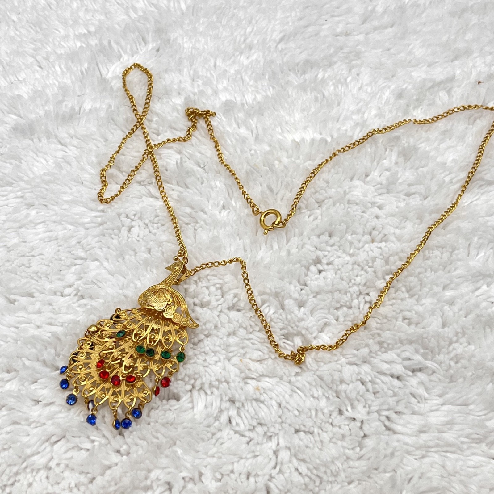 Vintage Peacock Necklace Filigree Pendant Brooch Combo Gold Tone 24″