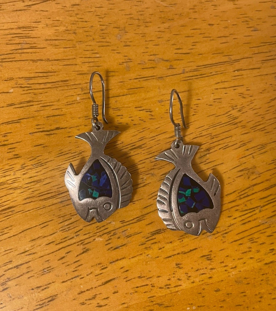 Vintage Taxco Mexico Sterling Silver Inlay Fish Earrings 925 TC-259 Dangle