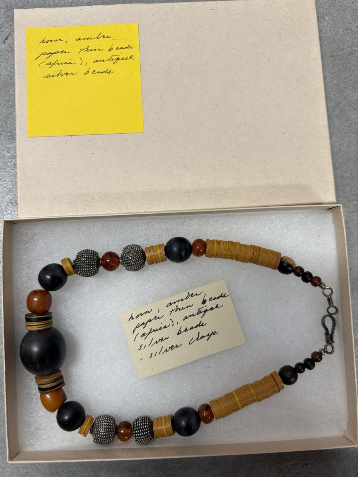 Vintage Chunky Ethnic Statement Necklace – Horn, Amber, African Paper Beads