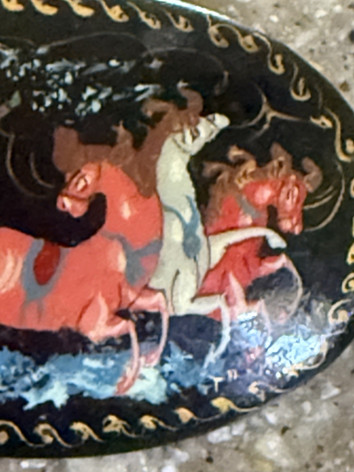 Vintage Russian Hand Painted Lacquer Troika 3 Horses Folk Art Pin/Brooch