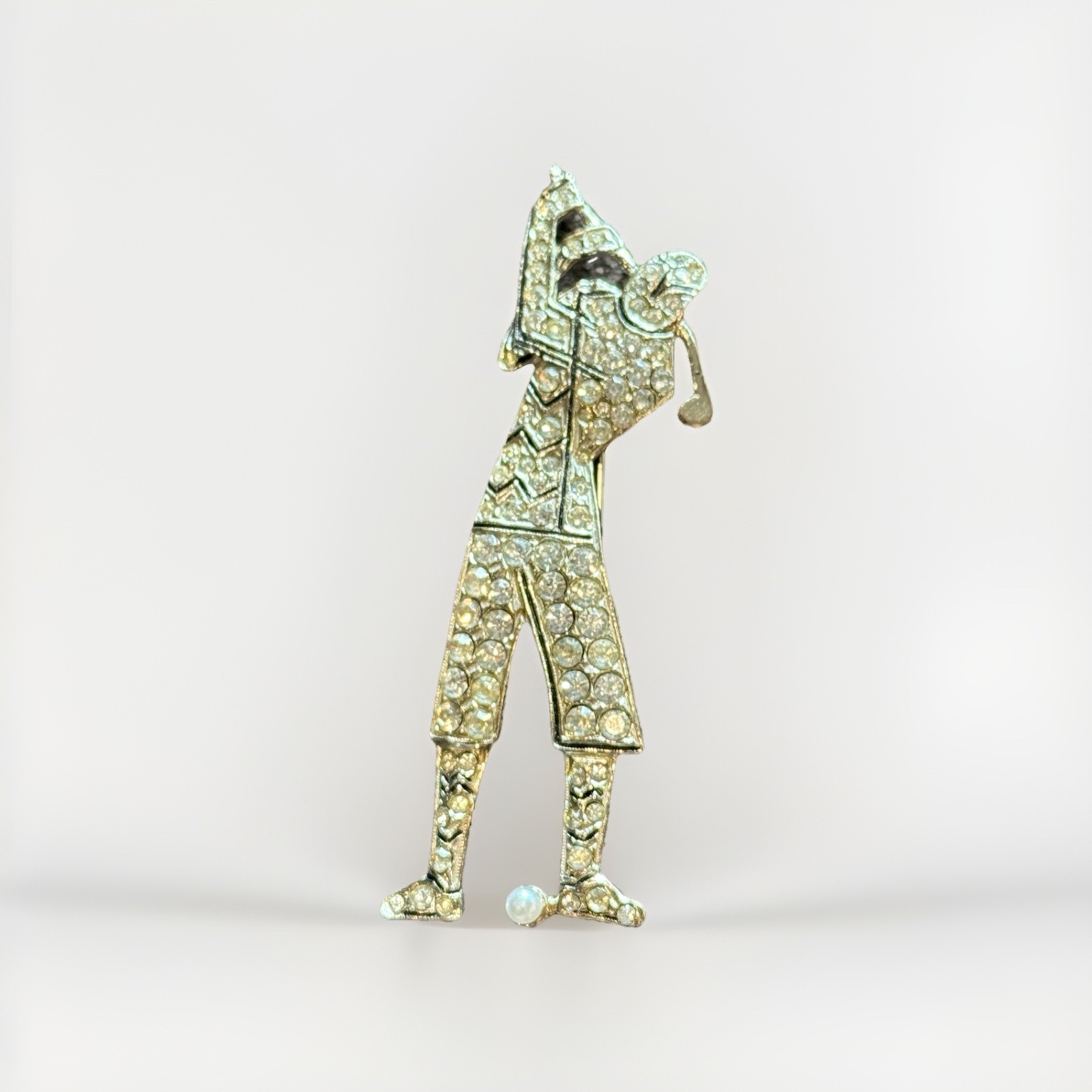 Signed polcini Golf player Art Deco brooch. Jewelry alloy, crystals Vintage
