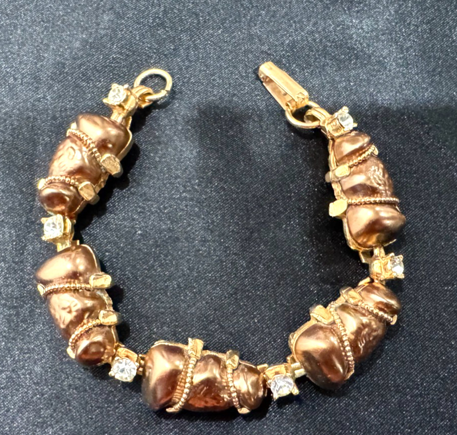 Vtg Bracelet Necklace Set MCM Regency Revival Brown 3D Textured Beads Gold Tone