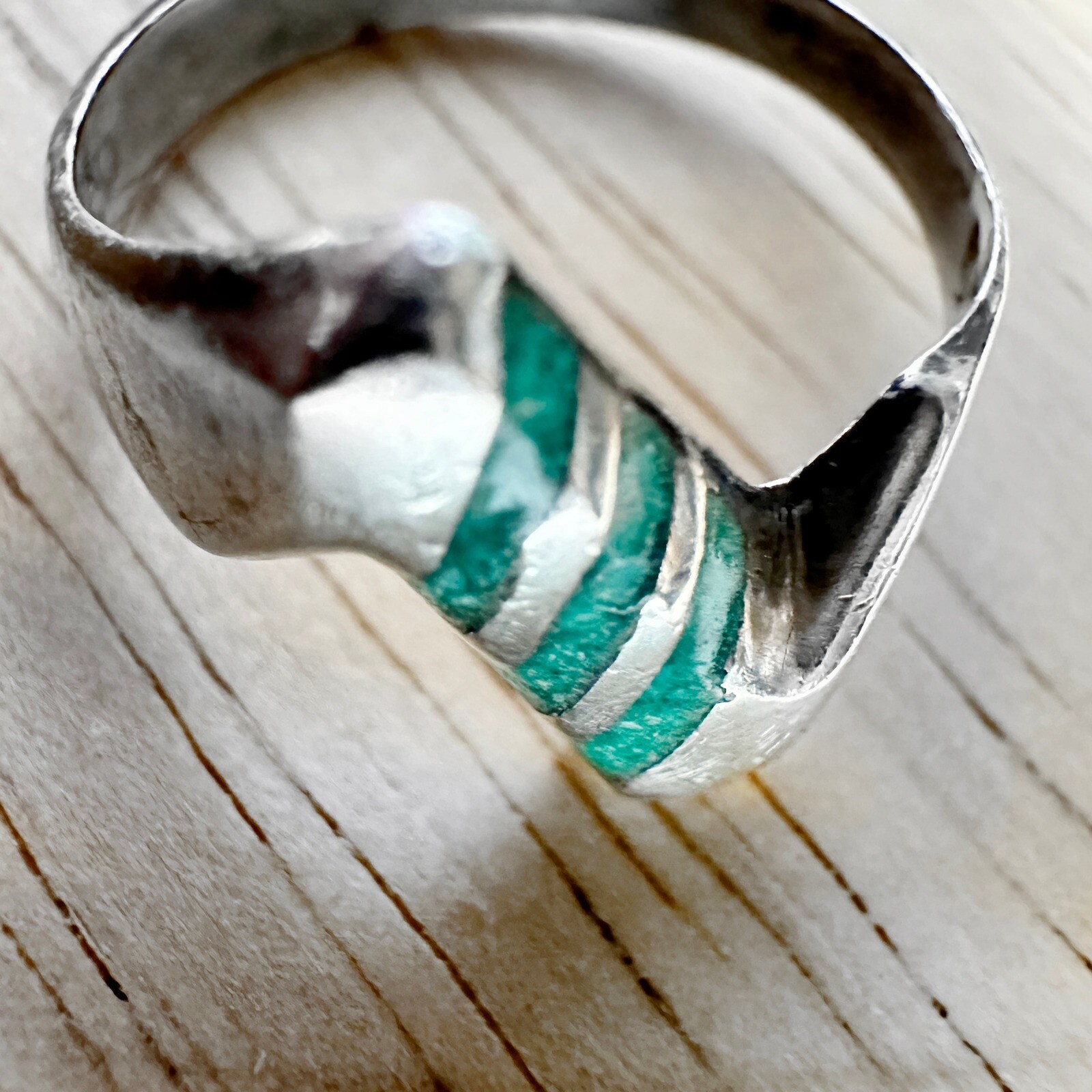 Vintage Sterling Silver Turquoise Inlay Band Ring Statement Tex Co Southwestern