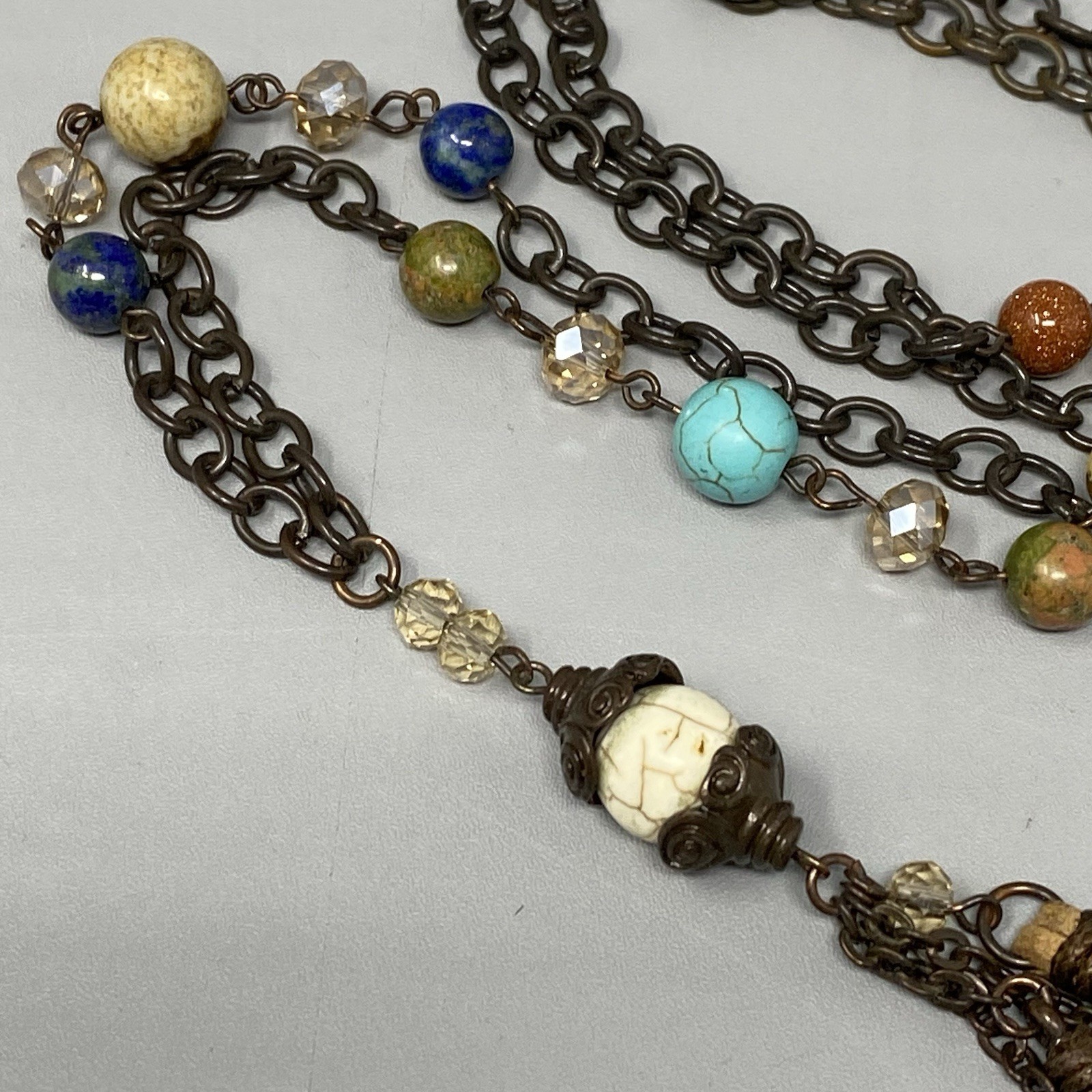 Bohemian Tassel Pendant Necklace Designer Assorted Gemstones Brown Chain 36″