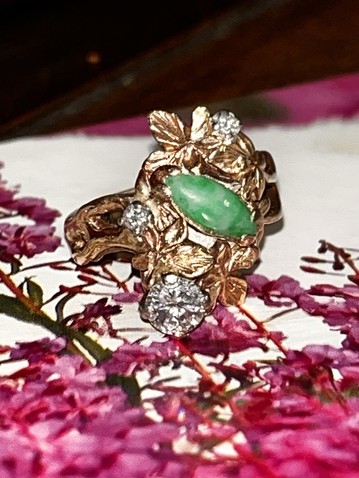 Vintage Custom Made 14k Gold Chunky Floral Diamond/natural Jade Ring Sz6