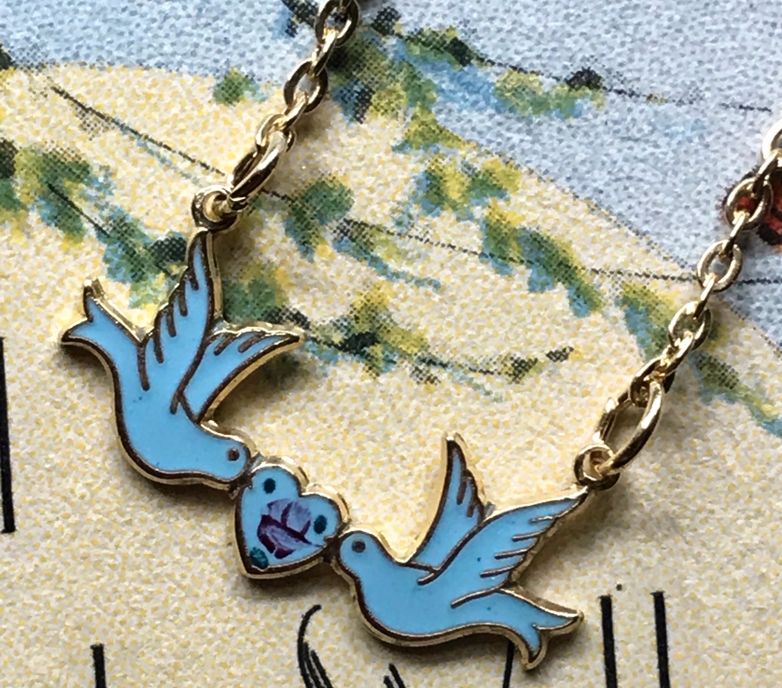 Sarah coventry Vintage Necklace Guilloche Blue Bird Enamel Rose Girl NOS #1181C
