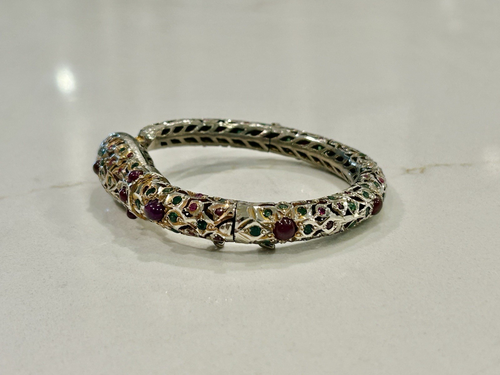 Antique Mughal Ruby Emerald Sterling Snake Bracelet Jewels Of India