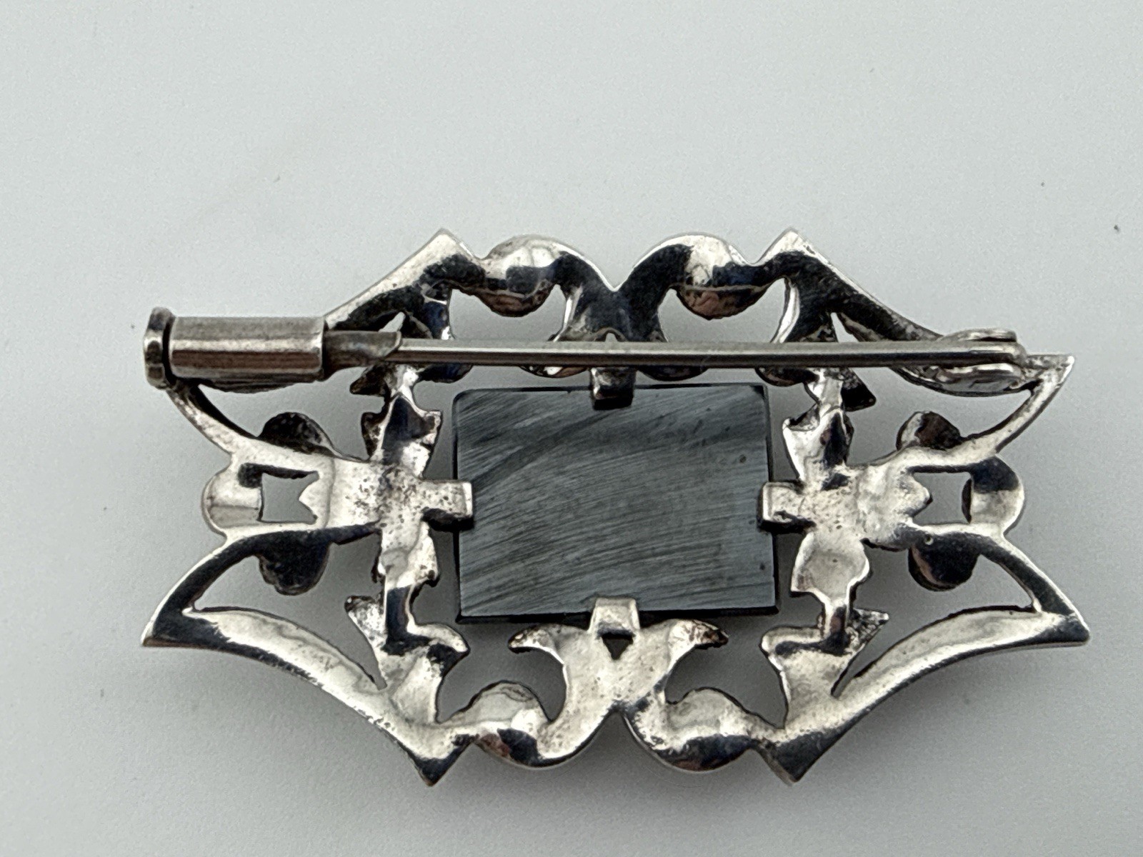 Antique Sterling Silver Unmarked natural hematite brooch Trombone Clasp 1.5”X1”