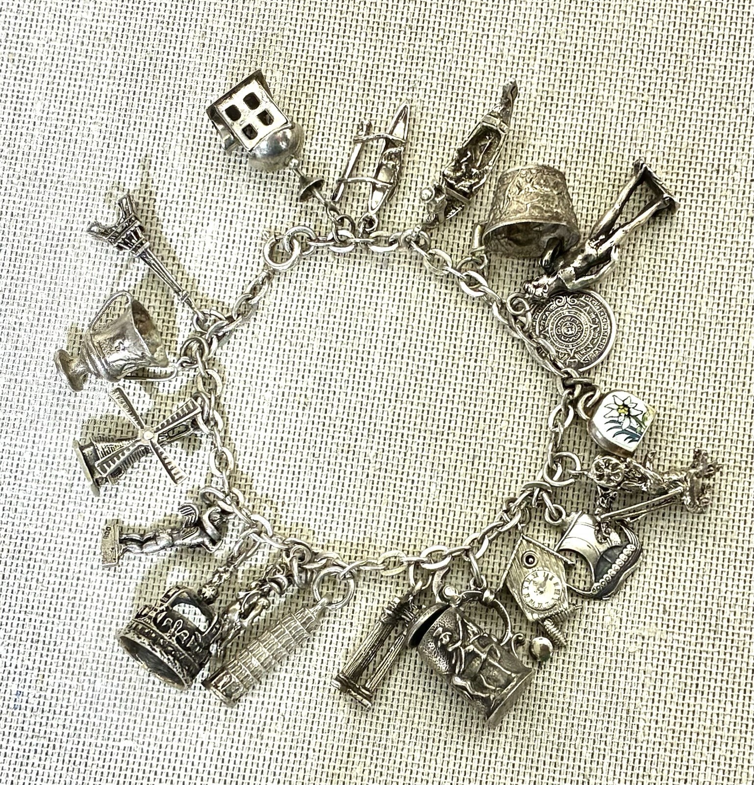 Vtg 800 Silver Charm Bracelet 900 Charms Travel Italy Europe Gondola Eiffel 50g