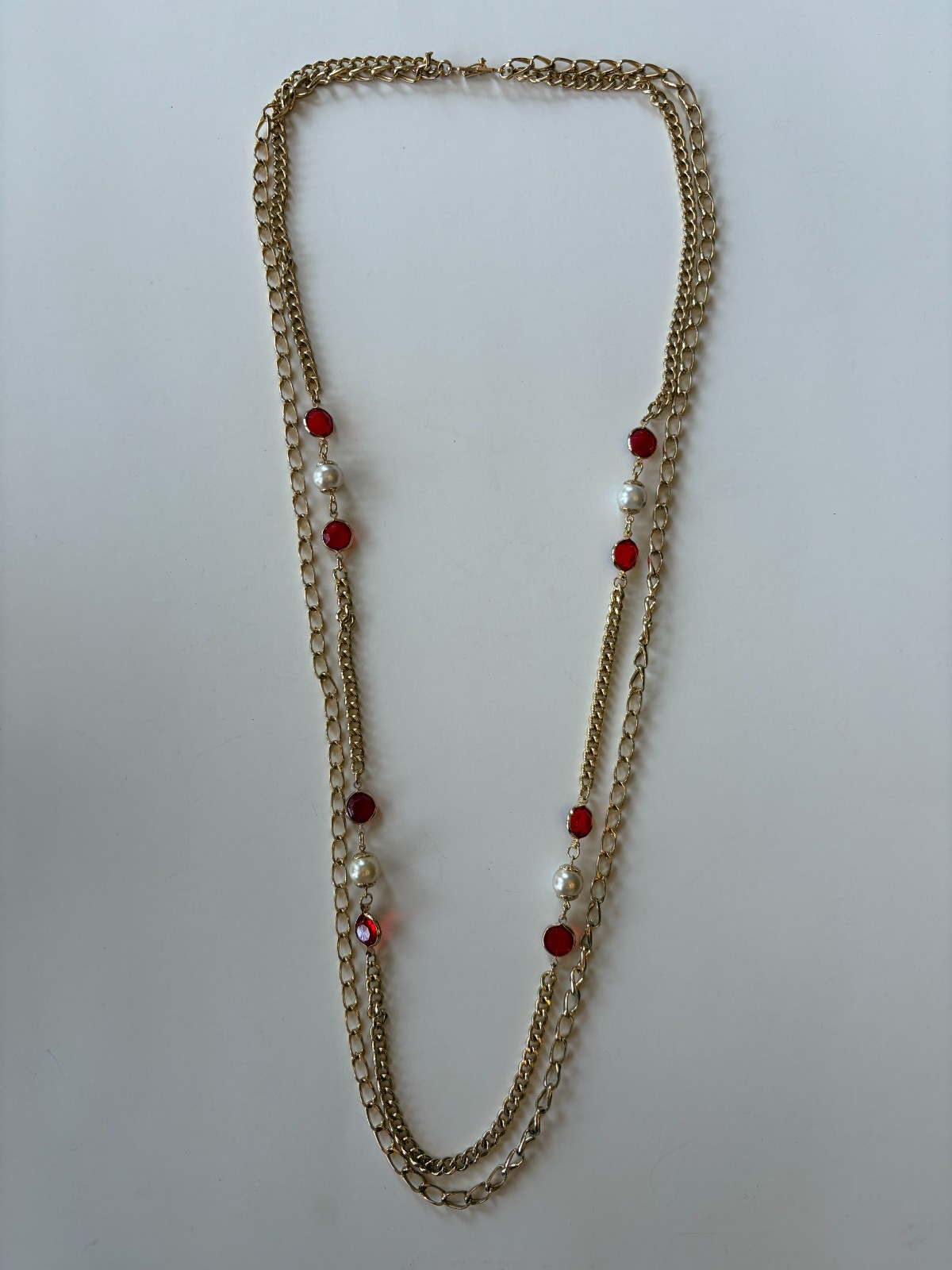 Vintage Gold Tone Chain w Faux Pearl Beads and Red Crystals