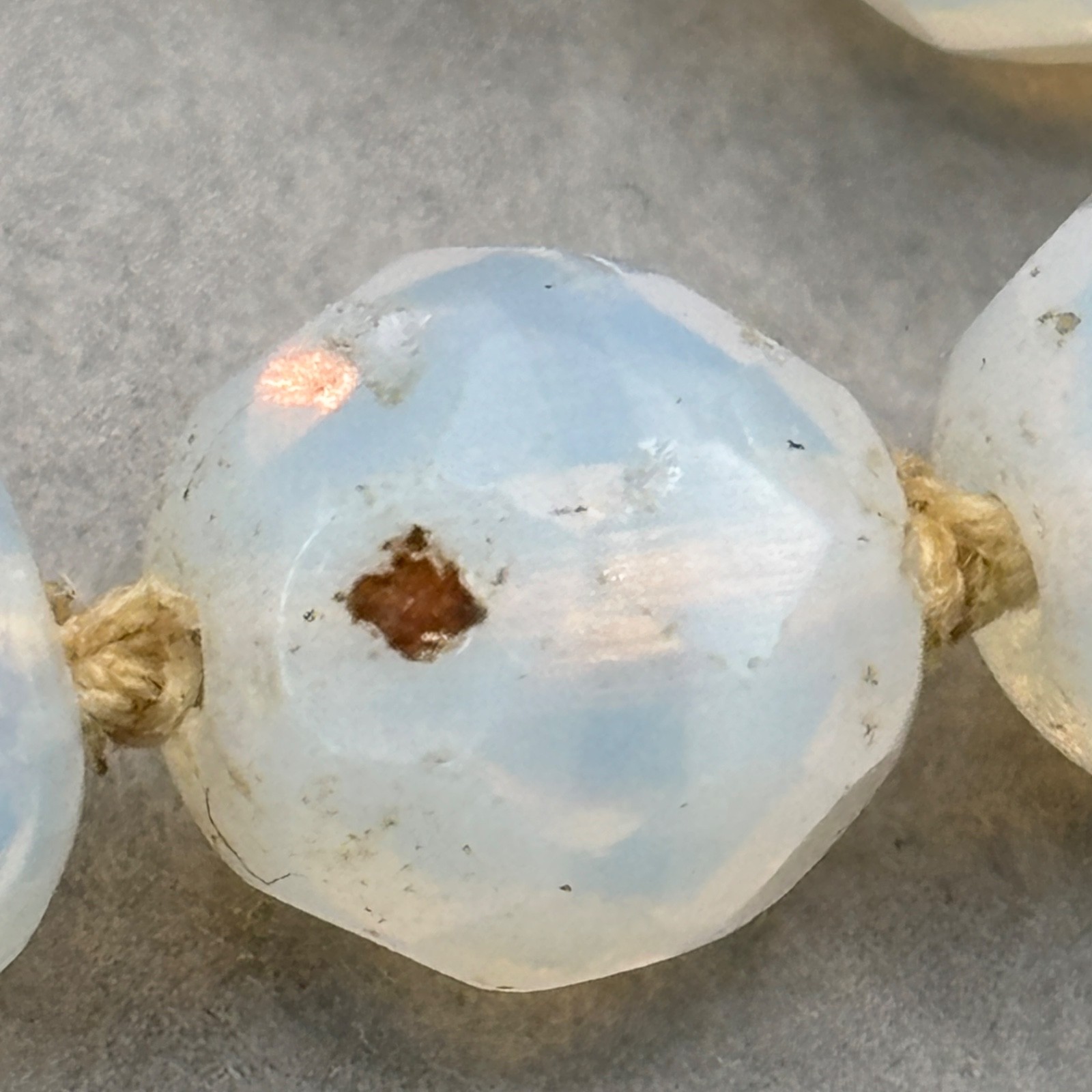 Vintage Opaline Opalite Beaded Necklace Faceted Art Glass Hand Knotted 18″