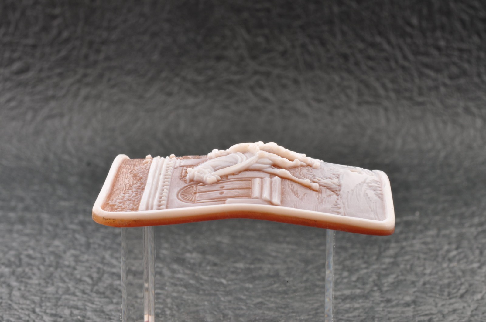 Vintage square shell cameo, carved “Women going out”, (74.5ct) sign by artist.
