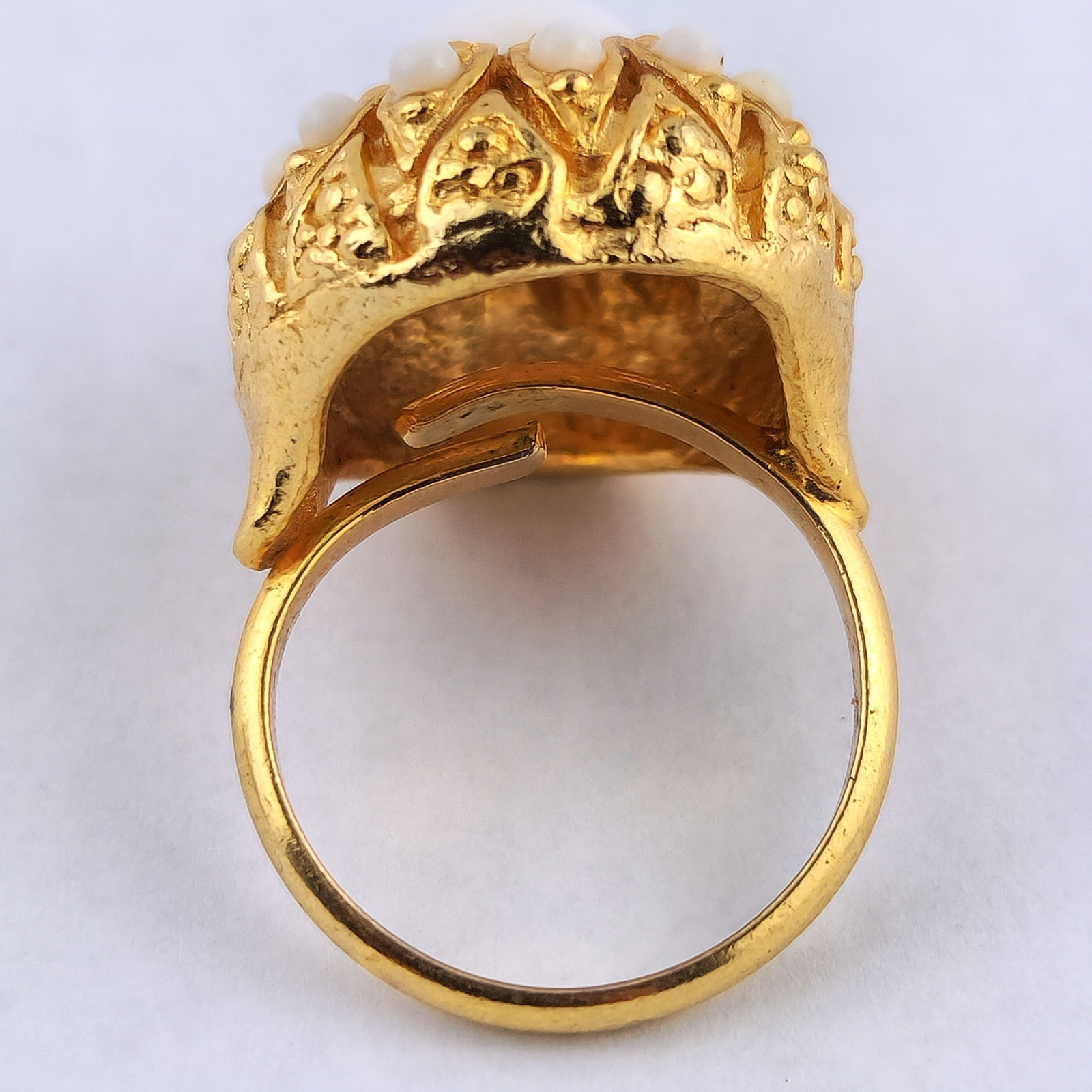 Vintage Gold Tone White Cabochon Adjustable Statement Cocktail Ring