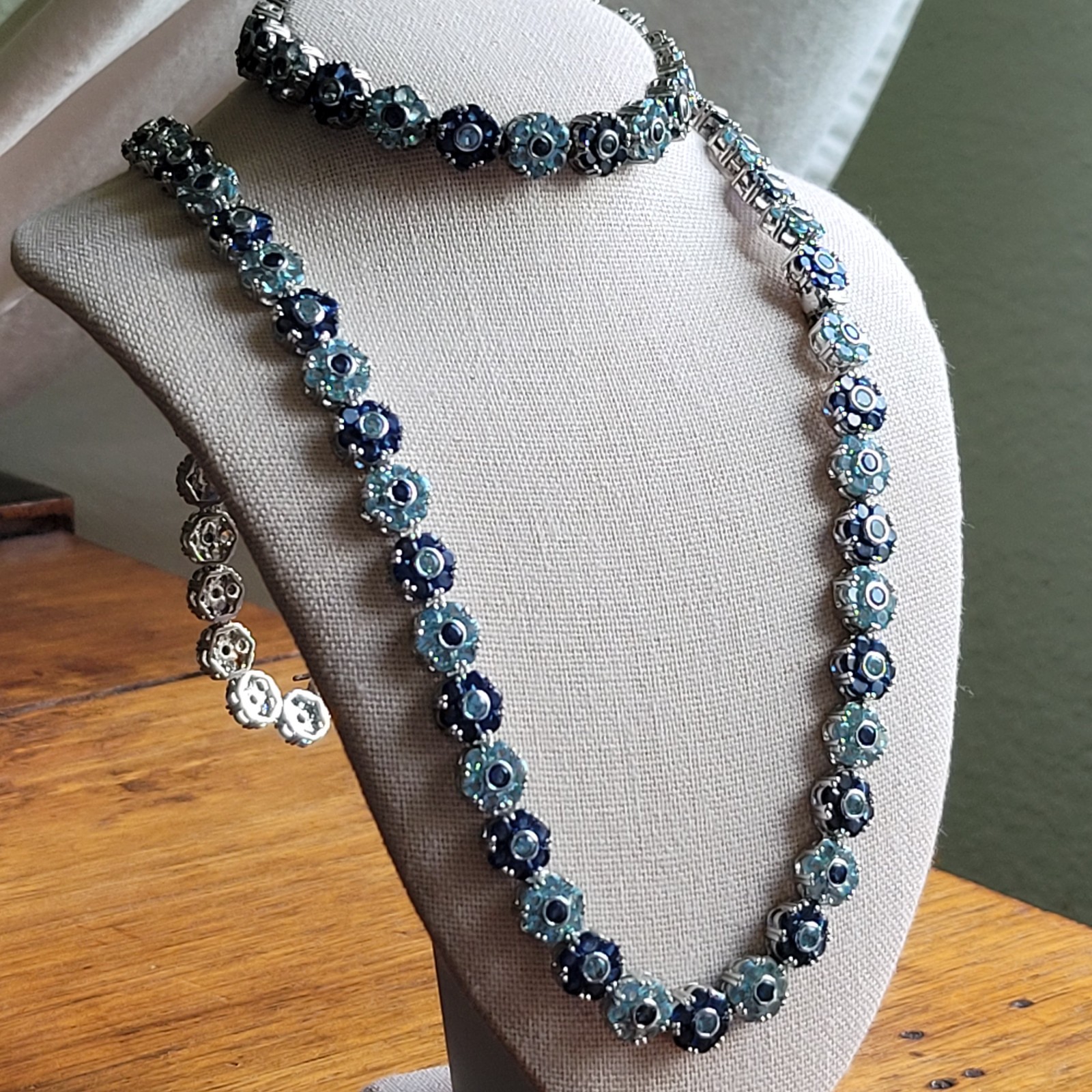 Silver Tone Blue Flower Necklace and Matching Bracelet Set Handmade