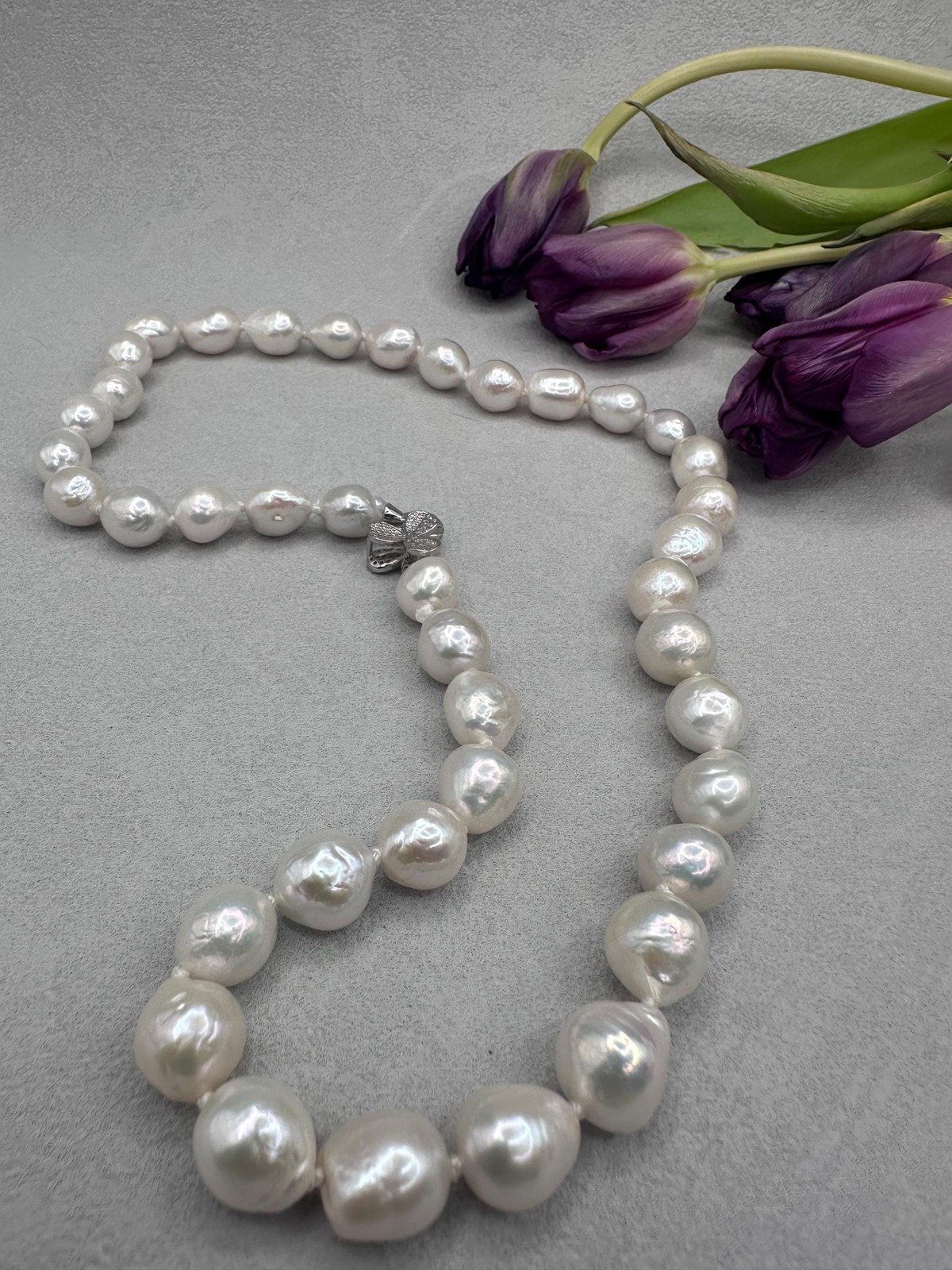 21” White Baroque Edison Pearl Necklace Kasumi Style Sterling Silver CZ Clasp