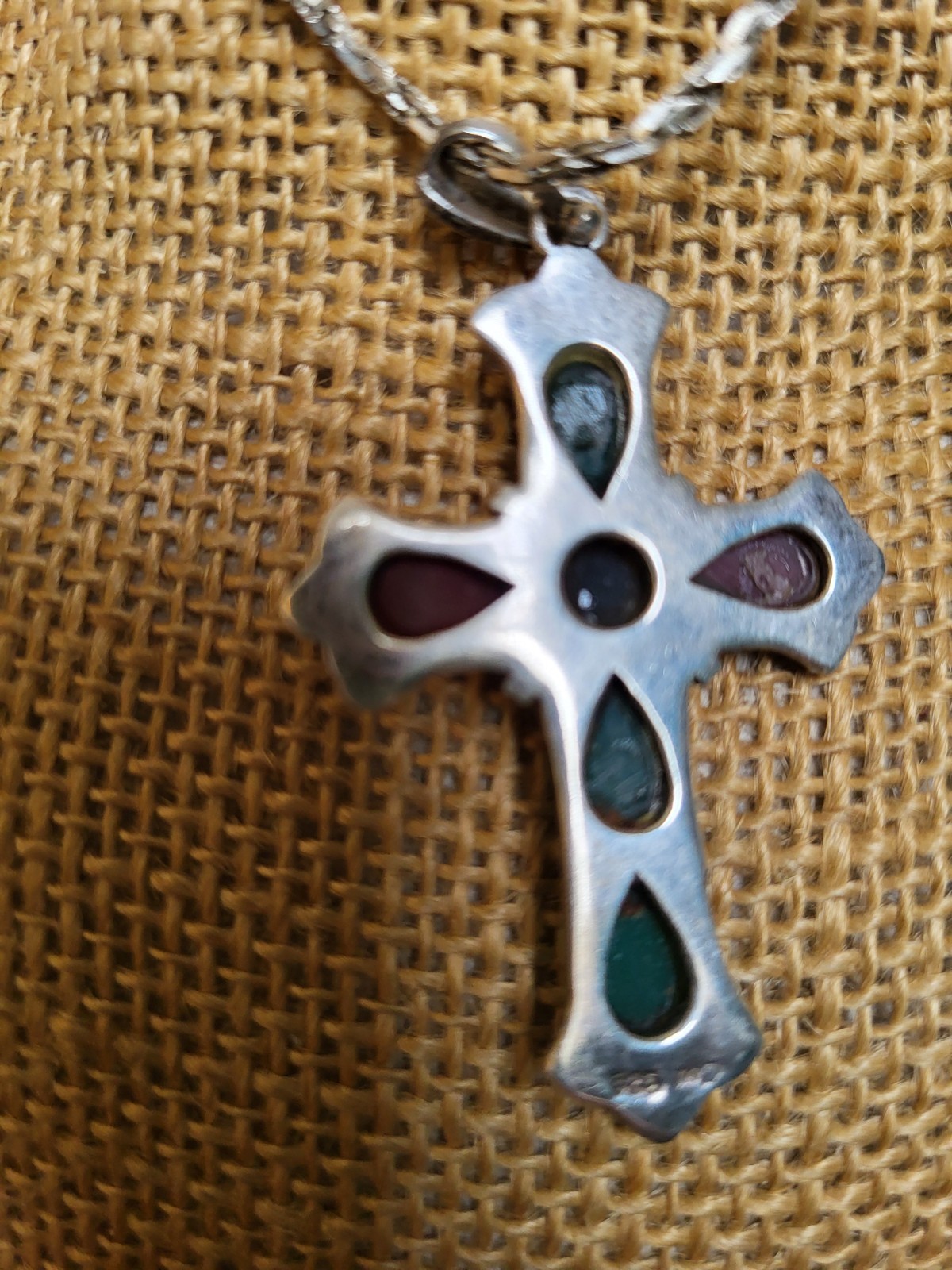 sterling silver gemstone large cross with very nice heavy sterling chain