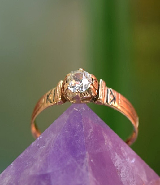 Antique Edwardian 14K Rose Gold .34ct Mine Cut Diamond Solitaire Ring Sz 8.4