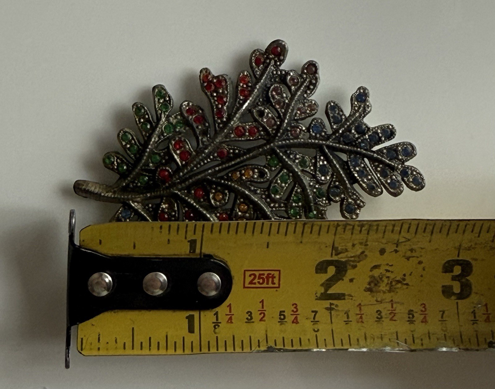 Little Nemo Brooch Leaf Rhinestones Red Blue Green Yellow Silver Tone 2.75”