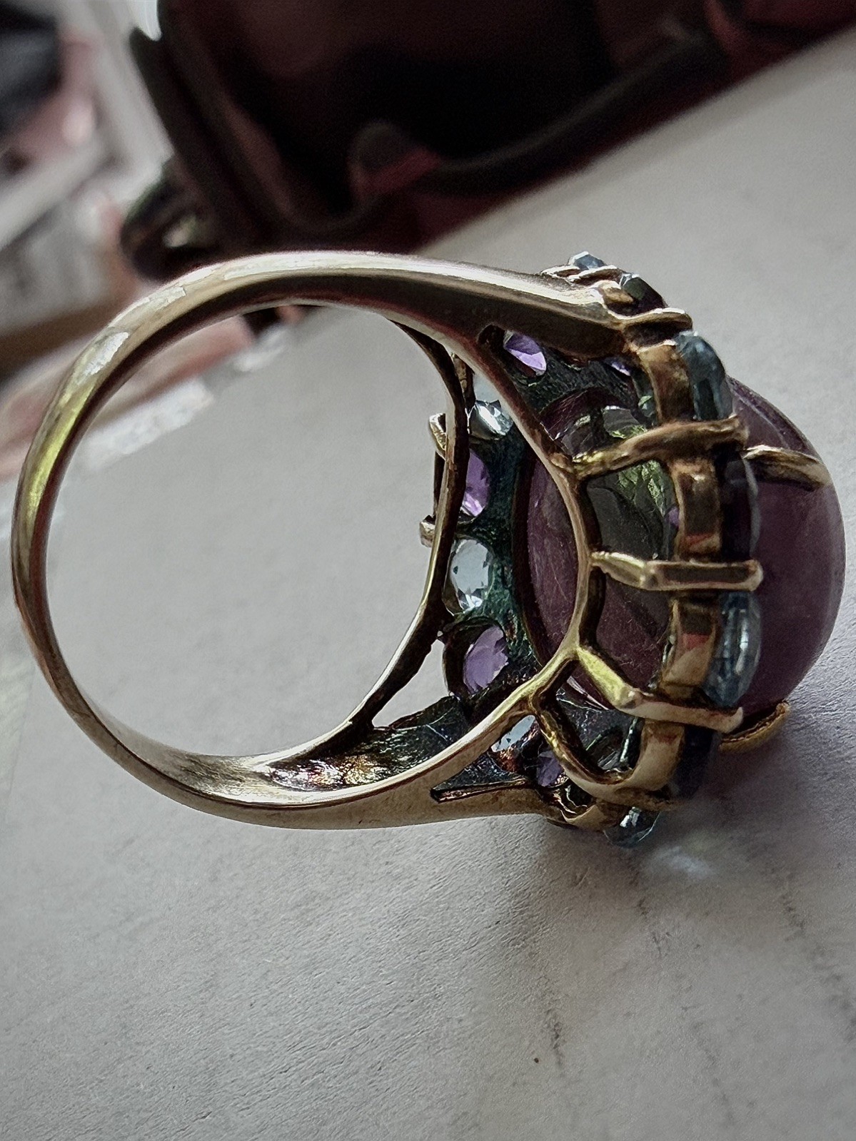 Hex Pink Sapphire Cabochon Ring. Topaz and Amethyst accents