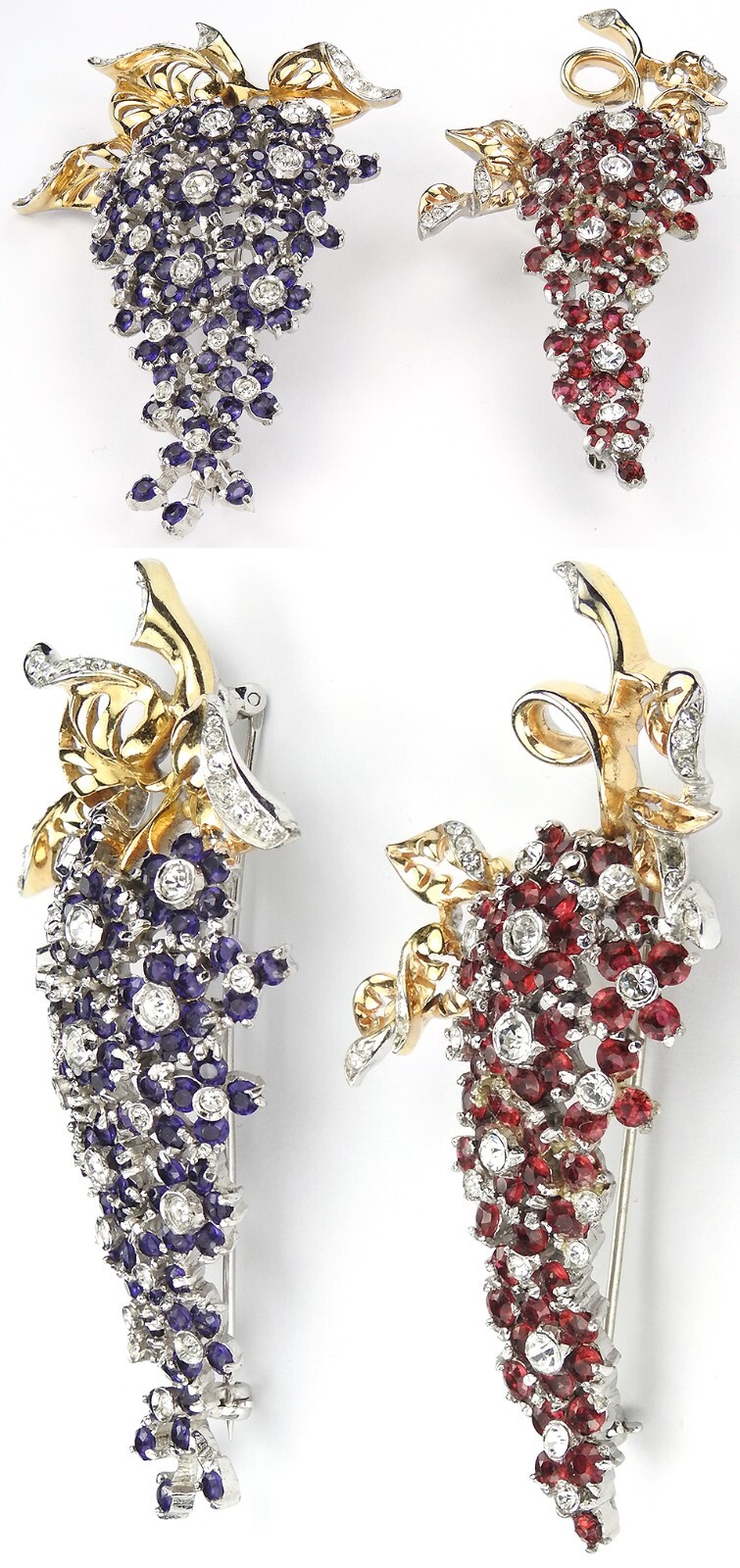 Reja Gold Pave Flowers Set 2 pins lg Amethyst sml Ruby Wisteria Pins, & Earrings