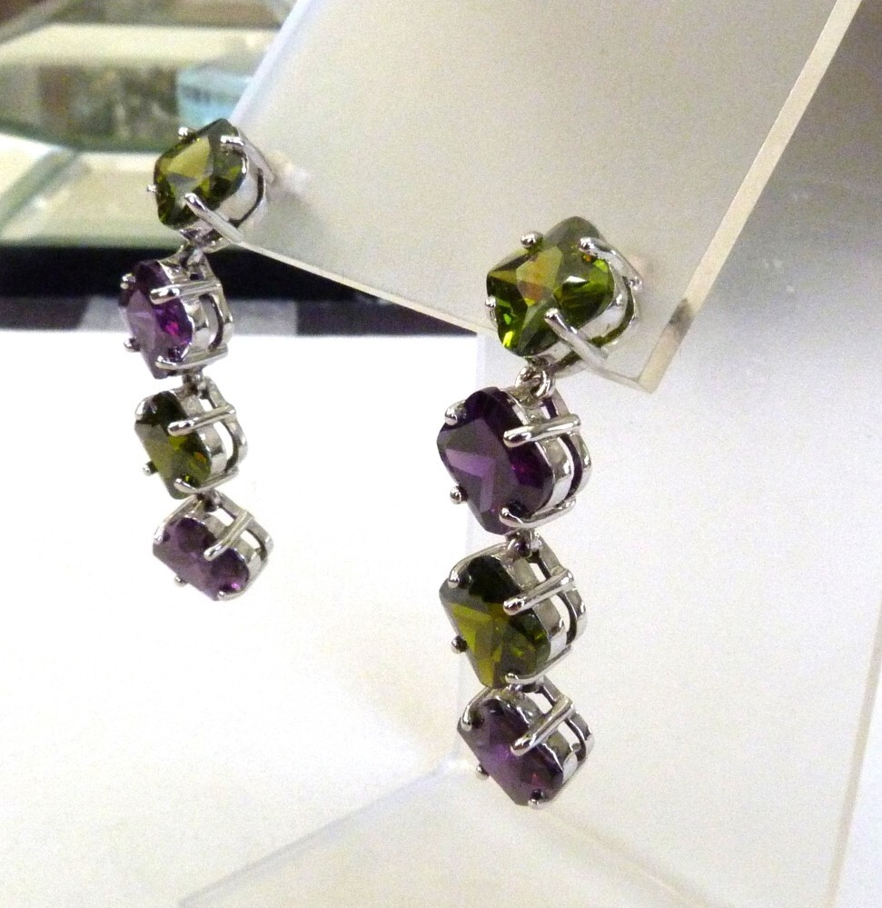DESIGNER JJJ PURPLE & GREEN CRYSTALS STERLING SILVER DANGLE EARRINGS 1 5/8″ LONG